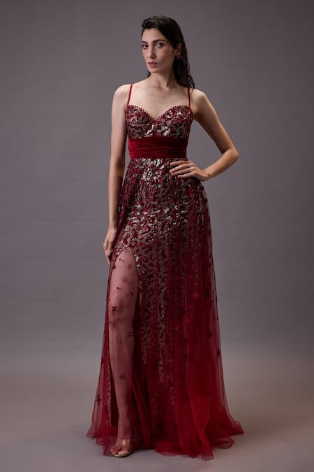 Cedar & Pine Floral Sequin Embroidered Ombre Gown 