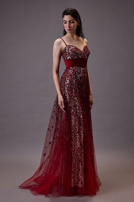 Cedar & Pine_Red Tulle, Georgette Sequins, Beads, Embroidery Sweetheart Floral Ombre Gown _Online_at_Aza_Fashions
