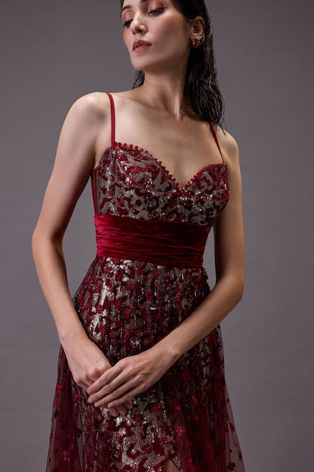 Buy_Cedar & Pine_Red Tulle, Georgette Sequins, Beads, Embroidery Sweetheart Floral Ombre Gown _Online_at_Aza_Fashions