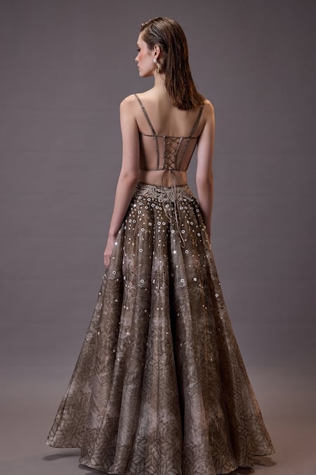 Shop Cedar & Pine Beige Organza, Tulle Pearls, Mirrors Square Neck Floral Embroidered Lehenga Set at Aza Fashions Shop_Cedar & Pine_Beige Organza, Tulle Pearls, Mirrors Square Neck Floral Embroidered Lehenga Set _at_Aza_Fashions