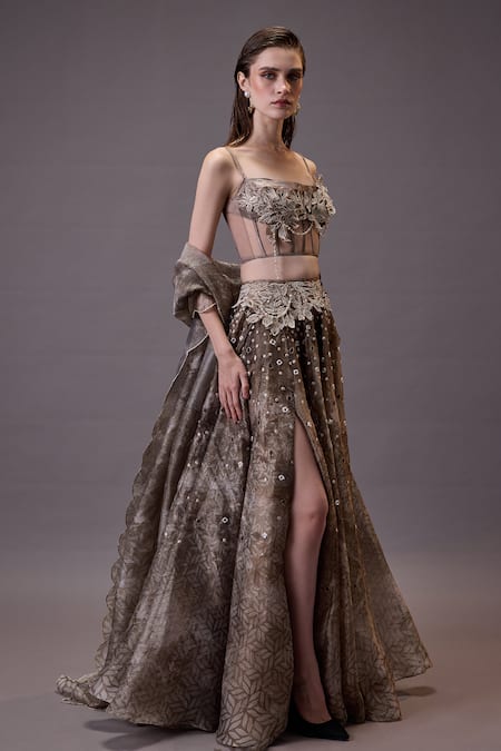 Cedar & Pine Beige Organza, Tulle Pearls, Mirrors Square Neck Floral Embroidered Lehenga Set Online at Aza Fashions Cedar & Pine_Beige Organza, Tulle Pearls, Mirrors Square Neck Floral Embroidered Lehenga Set _Online_at_Aza_Fashions