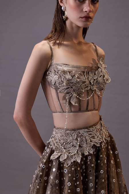 Buy Cedar & Pine Beige Organza, Tulle Pearls, Mirrors Square Neck Floral Embroidered Lehenga Set Online at Aza Fashions Buy_Cedar & Pine_Beige Organza, Tulle Pearls, Mirrors Square Neck Floral Embroidered Lehenga Set _Online_at_Aza_Fashions