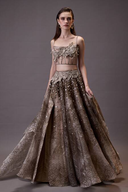 Shop Cedar & Pine Beige Organza, Tulle Pearls, Mirrors Square Neck Floral Embroidered Lehenga Set Online at Aza Fashions Shop_Cedar & Pine_Beige Organza, Tulle Pearls, Mirrors Square Neck Floral Embroidered Lehenga Set _Online_at_Aza_Fashions