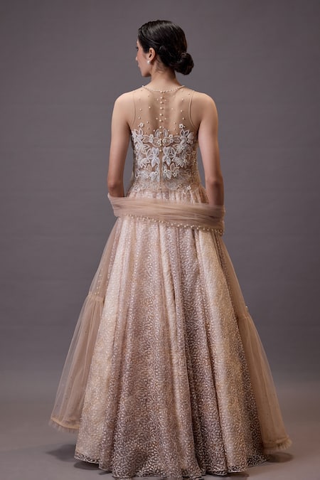 Shop Cedar & Pine Beige Organza, Tulle Pearls, Embroidery High Neck, Lehenga Set With Dupatta at Aza Fashions Shop_Cedar & Pine_Beige Organza, Tulle Pearls, Embroidery High Neck, Lehenga Set With Dupatta _at_Aza_Fashions