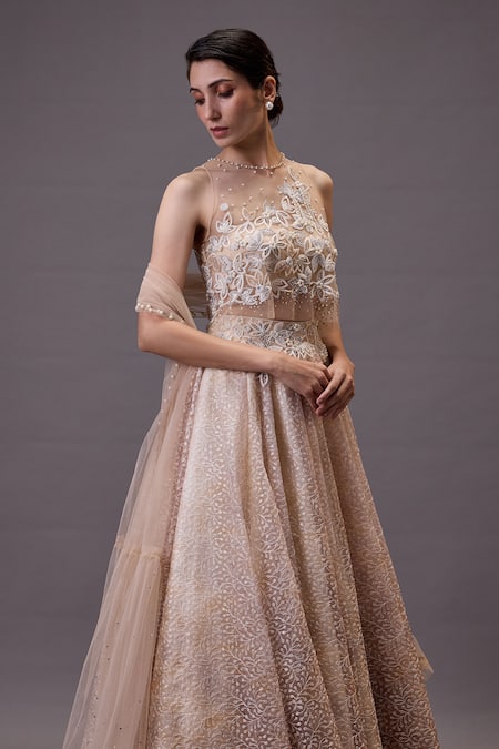 Cedar & Pine Beige Organza, Tulle Pearls, Embroidery High Neck, Lehenga Set With Dupatta Online at Aza Fashions Cedar & Pine_Beige Organza, Tulle Pearls, Embroidery High Neck, Lehenga Set With Dupatta _Online_at_Aza_Fashions