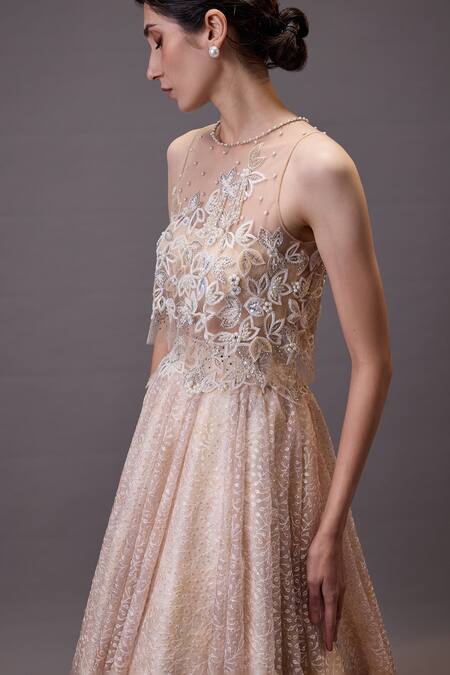 Buy Cedar & Pine Beige Organza, Tulle Pearls, Embroidery High Neck, Lehenga Set With Dupatta Online at Aza Fashions Buy_Cedar & Pine_Beige Organza, Tulle Pearls, Embroidery High Neck, Lehenga Set With Dupatta _Online_at_Aza_Fashions
