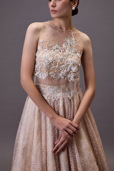 Shop Cedar & Pine Beige Organza, Tulle Pearls, Embroidery High Neck, Lehenga Set With Dupatta Online at Aza Fashions Shop_Cedar & Pine_Beige Organza, Tulle Pearls, Embroidery High Neck, Lehenga Set With Dupatta _Online_at_Aza_Fashions