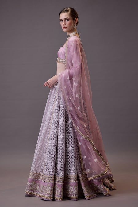 Cedar & Pine_Purple Organza, Tulle, Silk Embroidery, Sequins, Beads Floral Lehenga Set _Online_at_Aza_Fashions