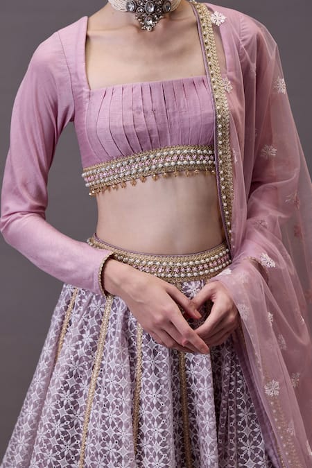 Buy_Cedar & Pine_Purple Organza, Tulle, Silk Embroidery, Sequins, Beads Floral Lehenga Set _Online_at_Aza_Fashions