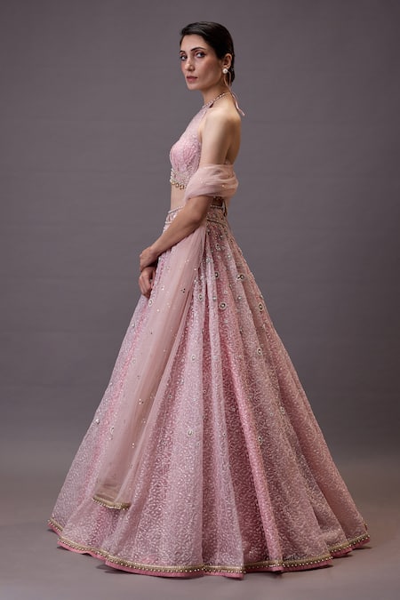 Cedar & Pine_Pink Organza, Tulle Pearls, Sequins Halter Neck Floral Embroidered Lehenga Set _Online_at_Aza_Fashions