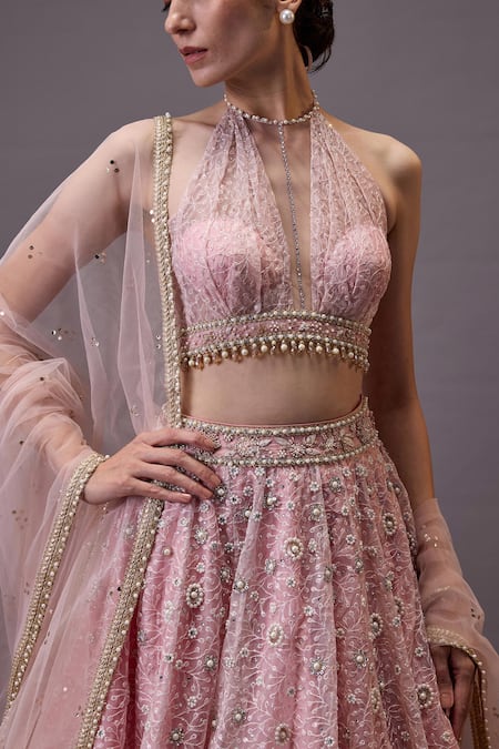 Buy_Cedar & Pine_Pink Organza, Tulle Pearls, Sequins Halter Neck Floral Embroidered Lehenga Set _Online_at_Aza_Fashions