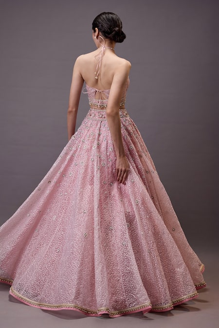 Shop_Cedar & Pine_Pink Organza, Tulle Pearls, Sequins Halter Neck Floral Embroidered Lehenga Set _Online_at_Aza_Fashions