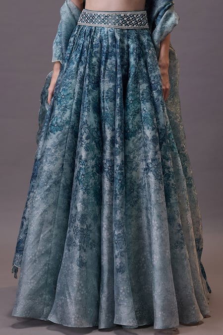 Cedar & Pine Blue Organza Sequins, Pearls Sweetheart Neck Floral Embroidered Lehenga Set Online at Aza Fashions Cedar & Pine_Blue Organza Sequins, Pearls Sweetheart Neck Floral Embroidered Lehenga Set _Online_at_Aza_Fashions