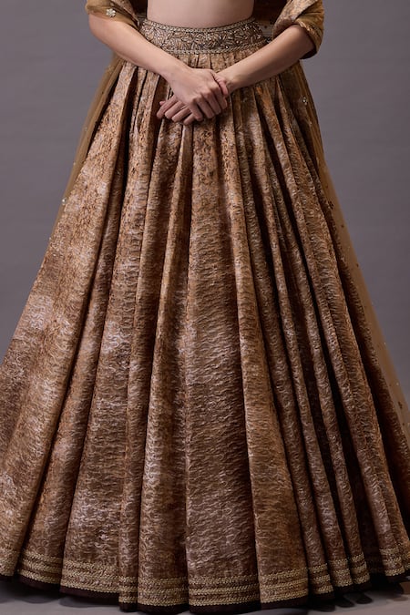Cedar & Pine Gold Tulle, Brocade Embroidery Halter Neck Floral Thread Lehenga Set Online at Aza Fashions Cedar & Pine_Gold Tulle, Brocade Embroidery Halter Neck Floral Thread Lehenga Set _Online_at_Aza_Fashions