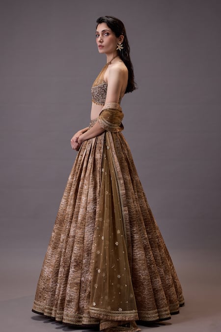 Buy Cedar & Pine Gold Tulle, Brocade Embroidery Halter Neck Floral Thread Lehenga Set Online at Aza Fashions Buy_Cedar & Pine_Gold Tulle, Brocade Embroidery Halter Neck Floral Thread Lehenga Set _Online_at_Aza_Fashions