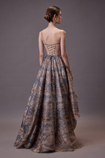 Cedar & Pine Beige Asymmetric Fish Scale Gown 