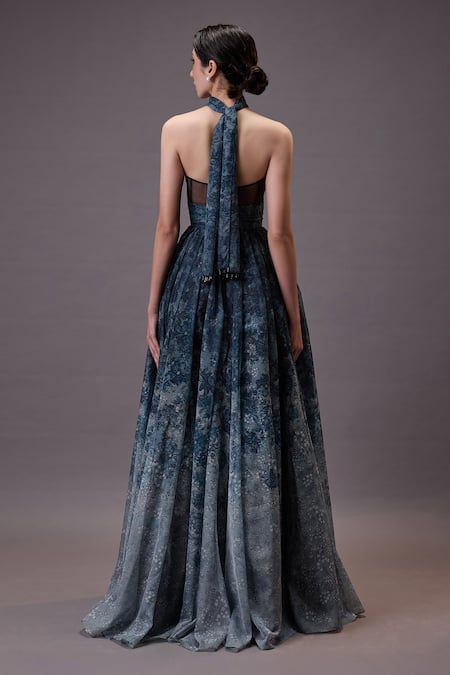 Shop_Cedar & Pine_Blue Organza, Tulle Sequins, Embroidery Sweetheart Neck Ink Blossom Gown _at_Aza_Fashions