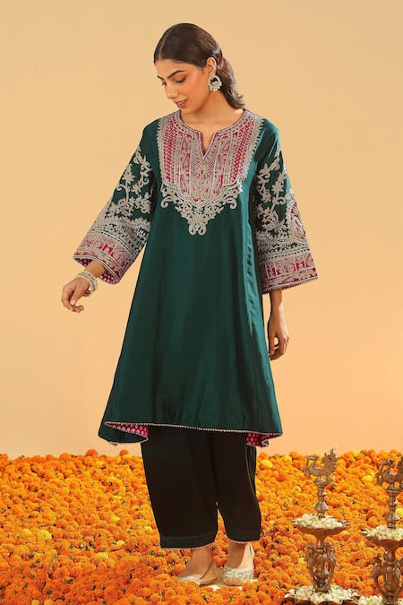 Sheetal Batra_Black Bamboo, Silk, Chanderi Embroidery, Gota Patti Kashmiri Choga Kurta Set _at_Aza_Fashions