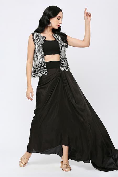 Shop Neha Mehra Black Net, Georgette Cut Work, Embroidery Square Neck, Cutdana Waistcoat Set Online at Aza Fashions Shop_Neha Mehra_Black Net, Georgette Cut Work, Embroidery Square Neck, Cutdana Waistcoat Set _Online_at_Aza_Fashions