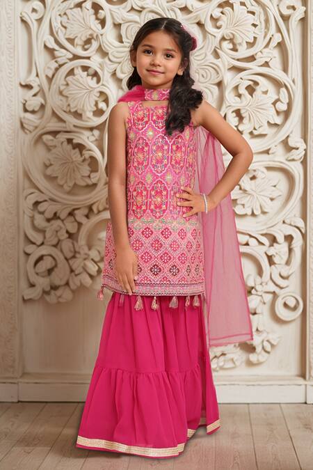 Shop Petite Pomme Pink Cotton, Chiffon Tassels Thread Sequin Embroidered Kurta Set Online at Aza Fashions Shop_Petite Pomme_Pink Cotton, Chiffon Tassels Thread Sequin Embroidered Kurta Set_Online_at_Aza_Fashions