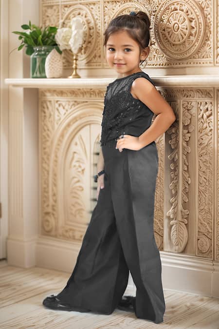 Petite Pomme_Black Net, Taffeta Beads, Sequins Embroidered Sheer Top And Pant Set_Online_at_Aza_Fashions
