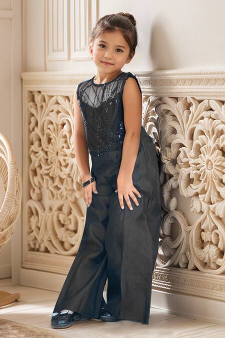 Buy_Petite Pomme_Black Net, Taffeta Beads, Sequins Embroidered Sheer Top And Pant Set_Online_at_Aza_Fashions