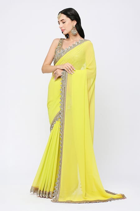 Shop_Neha Mehra_Multi Color Crepe Cut Work Open Neck Aztec Embroidered Saree Blouse _Online_at_Aza_Fashions