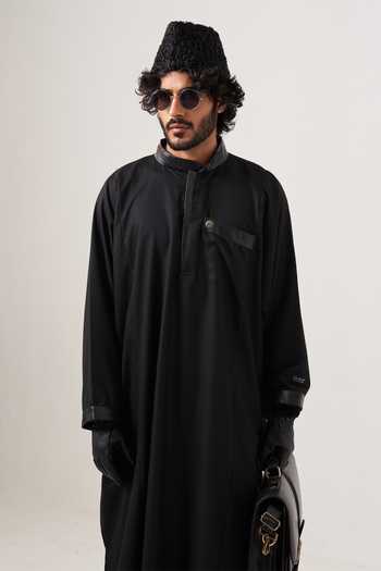 Buy_Tulpalav_Black Wool Checkered Long Kurta_Online_at_Aza_Fashions