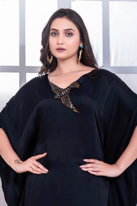 Buy_Namrataa Nopany_Black Satin Cut Work V-neck Cutdana Bird Motif Kaftan Dress _Online_at_Aza_Fashions