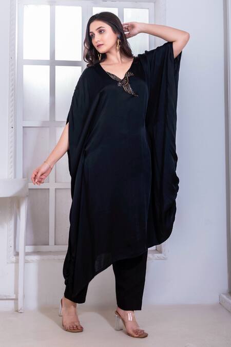 Shop_Namrataa Nopany_Black Satin Cut Work V-neck Cutdana Bird Motif Kaftan Dress _Online_at_Aza_Fashions