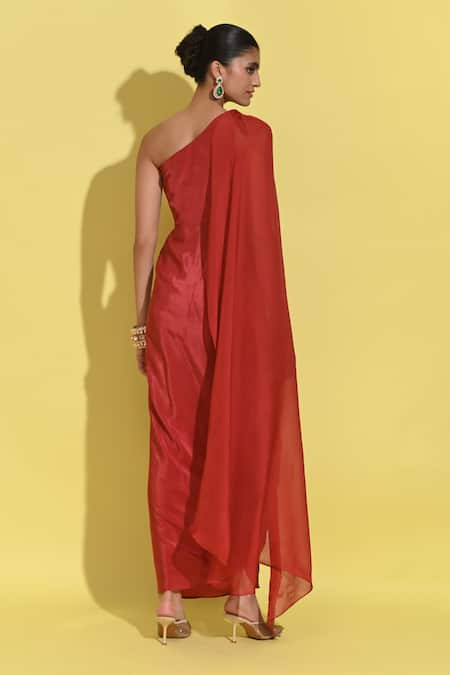 Rishi and Vibhuti Gardenia Applique One Shoulder Cape & Draped Dress 