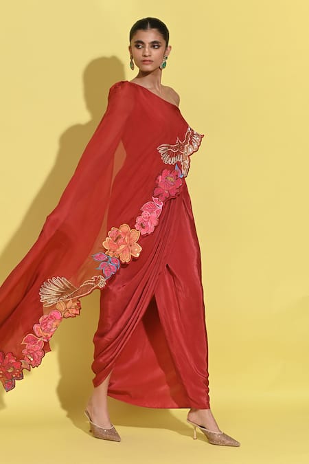 Rishi and Vibhuti_Red Crepe Embroidery One Shoulder Gardenia Applique Cape And Draped Dress _Online_at_Aza_Fashions