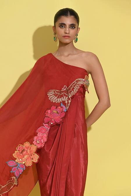 Buy_Rishi and Vibhuti_Red Crepe Embroidery One Shoulder Gardenia Applique Cape And Draped Dress _Online_at_Aza_Fashions
