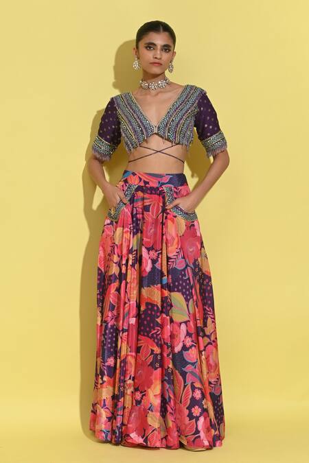 Rishi and Vibhuti_Purple Crepe Embroidery, Beads, Applique V-neck Floral Print Lehenga And Blouse_Online_at_Aza_Fashions