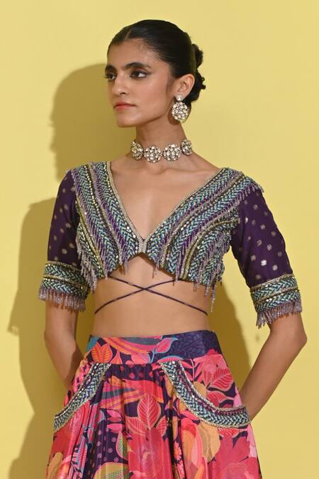 Buy_Rishi and Vibhuti_Purple Crepe Embroidery, Beads, Applique V-neck Floral Print Lehenga And Blouse_Online_at_Aza_Fashions