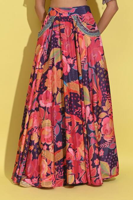 Shop_Rishi and Vibhuti_Purple Crepe Embroidery, Beads, Applique V-neck Floral Print Lehenga And Blouse_Online_at_Aza_Fashions