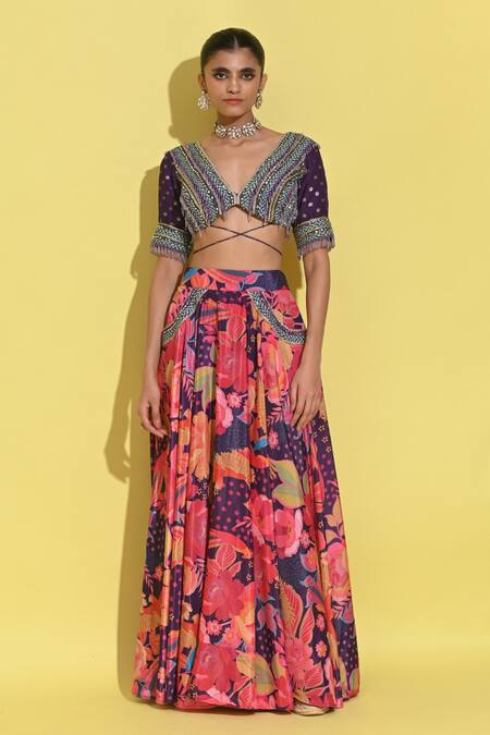 Rishi and Vibhuti_Purple Crepe Embroidery, Beads, Applique V-neck Floral Print Lehenga And Blouse_at_Aza_Fashions