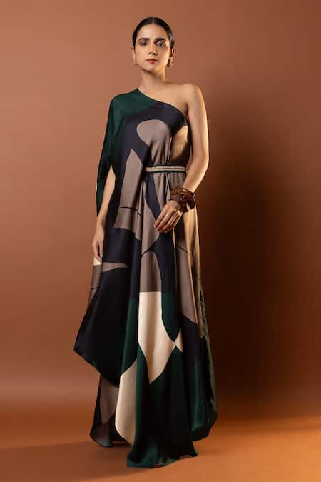 Buy_Vedika M_Black Satin Sequins Asymmetric Abstract Print Draped Maxi Dress _Online_at_Aza_Fashions