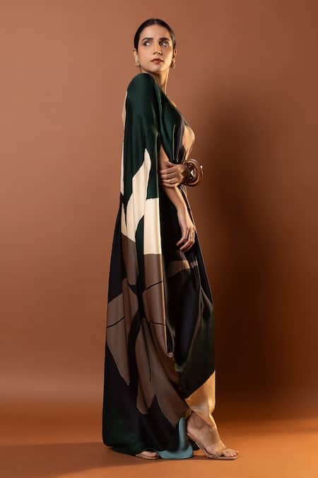 Shop_Vedika M_Black Satin Sequins Asymmetric Abstract Print Draped Maxi Dress _Online_at_Aza_Fashions