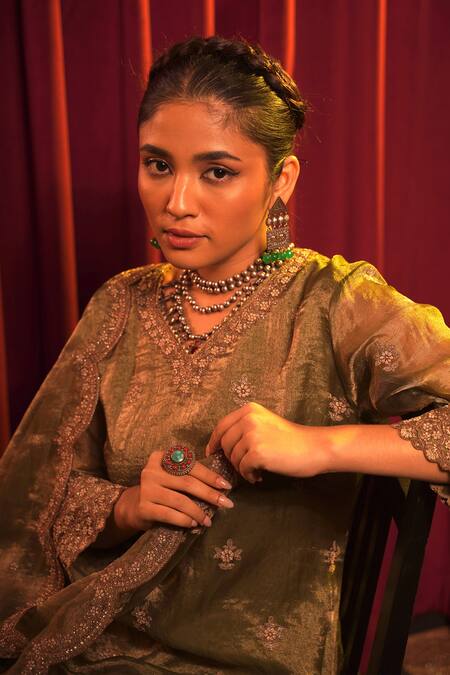 Nabo_Green Tissue, Taffeta Diamonds, Embroidery Round Neck Floral Kurta Sharara Set _Online_at_Aza_Fashions