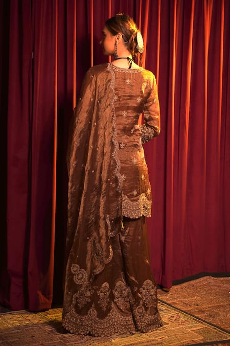 Shop_Nabo_Brown Tissue, Linen, Taffeta Embroidery Round Neck Floral Kurta Sharara Set _at_Aza_Fashions