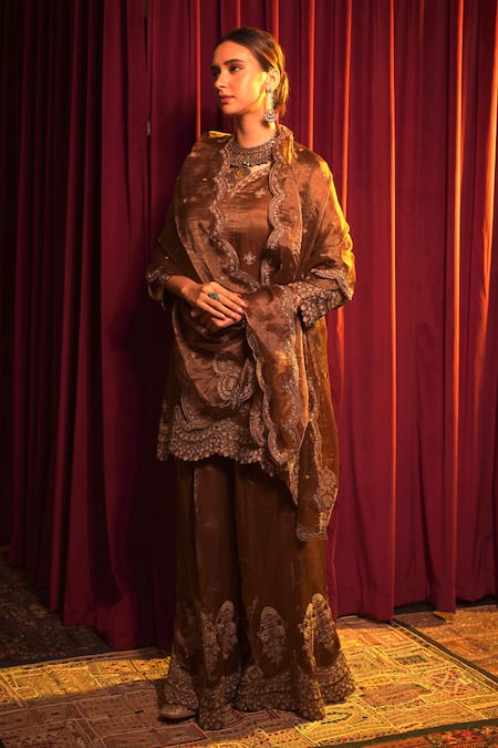 Nabo_Brown Tissue, Linen, Taffeta Embroidery Round Neck Floral Kurta Sharara Set _Online_at_Aza_Fashions