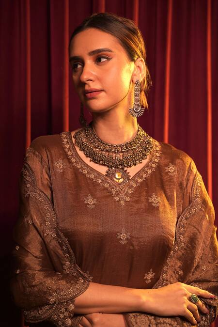 Buy_Nabo_Brown Tissue, Linen, Taffeta Embroidery Round Neck Floral Kurta Sharara Set _Online_at_Aza_Fashions