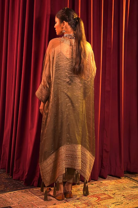 Shop_Nabo_Green Tissue, Cotton Tassels, Embroidery V-neck Dori Sequin Kaftan Set _at_Aza_Fashions