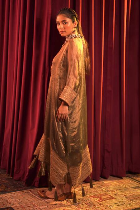 Nabo_Green Tissue, Cotton Tassels, Embroidery V-neck Dori Sequin Kaftan Set _Online_at_Aza_Fashions