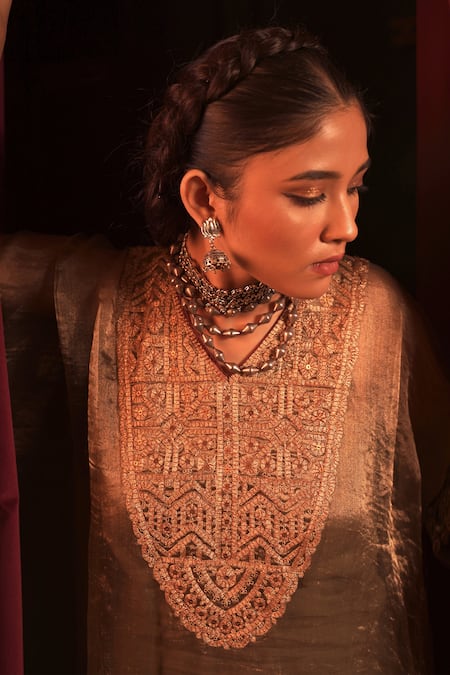 Buy_Nabo_Green Tissue, Cotton Tassels, Embroidery V-neck Dori Sequin Kaftan Set _Online_at_Aza_Fashions