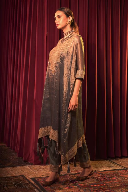 Nabo_Blue Tissue, Taffeta, Cotton Sequins, Tassels, Dori Kaftan And Pant Set _Online_at_Aza_Fashions