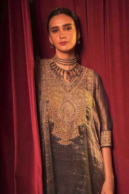 Buy_Nabo_Blue Tissue, Taffeta, Cotton Sequins, Tassels, Dori Kaftan And Pant Set _Online_at_Aza_Fashions