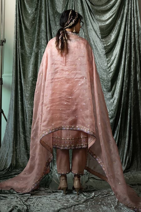 Shop_Nabo_Pink Silk Organza, Taffeta, Cotton Mirrors Genda Phool Embroidered Kurta Set _at_Aza_Fashions