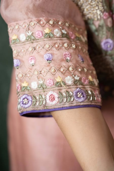 Buy_Nabo_Pink Silk Organza, Taffeta, Cotton Mirrors Genda Phool Embroidered Kurta Set _Online_at_Aza_Fashions